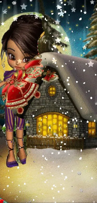 Festive winter scene with snowflakes and cabin.