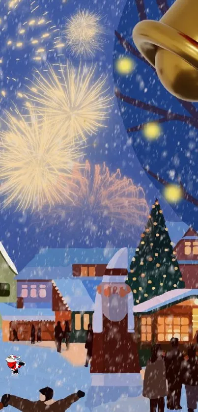 Festive winter scene with fireworks and cozy cottages, ideal for mobile wallpaper.
