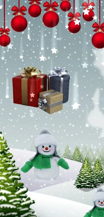 Festive mobile wallpaper with snowman and Christmas gifts.