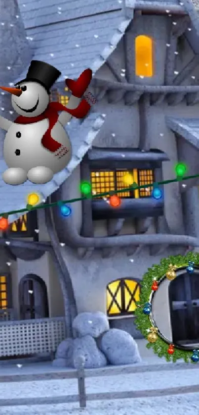 Snowy winter wallpaper with snowman and house in festive lights.