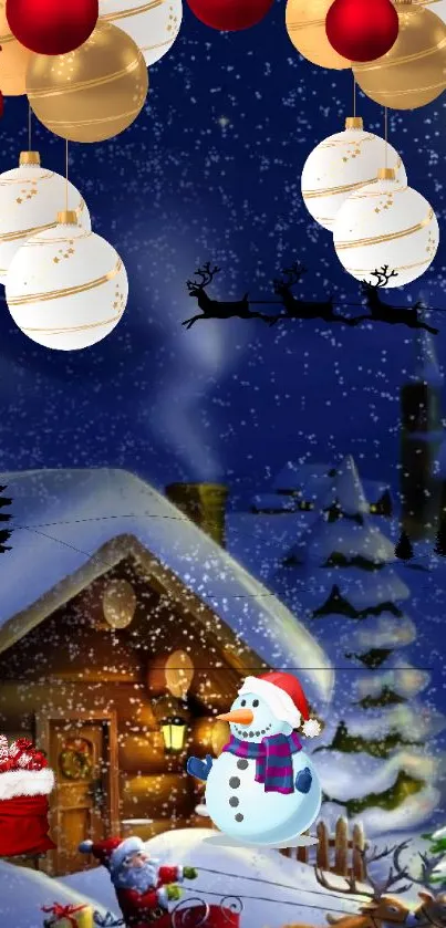 Festive winter wallpaper with a cozy cabin, snow, and holiday ornaments.