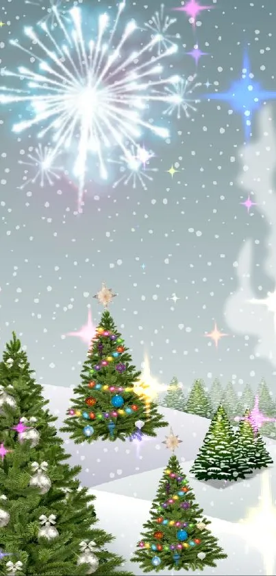 A snowy Christmas landscape with trees and fireworks.