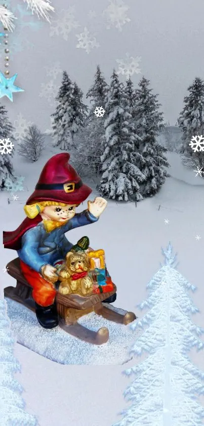 Charming Christmas elf on sleigh in snowy forest scene.