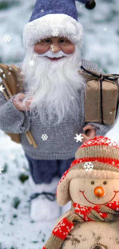 Santa and snowman in snowy festive setting.