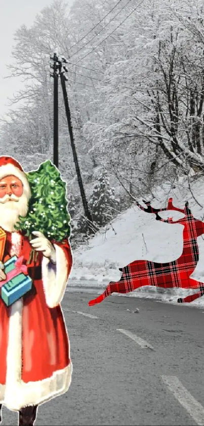Santa and plaid reindeer on snowy road in forest scene.