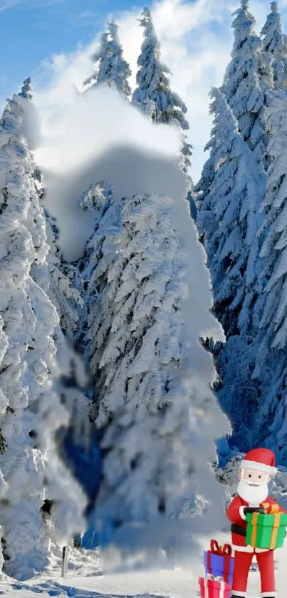 Snowy forest with Santa and gifts in winter scene.