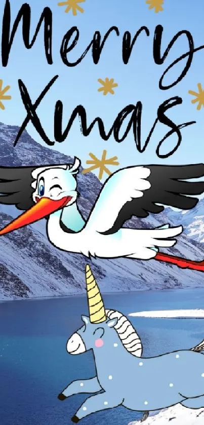 Whimsical winter wallpaper with stork and unicorn in snowy mountains.