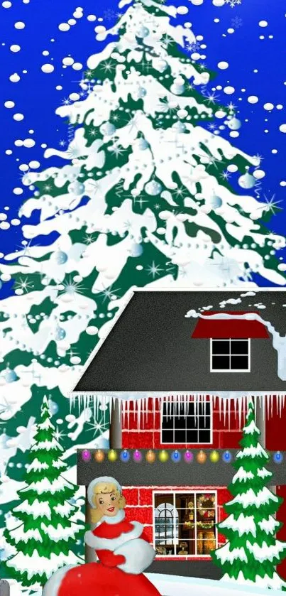 Festive winter scene with a snowy tree and decorated cottage.