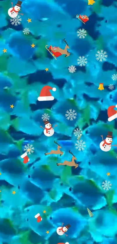 Festive blue winter wallpaper with snowmen and reindeer.