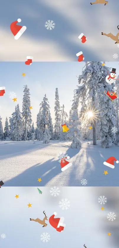 Snowy forest with Christmas decorations and sunlight.