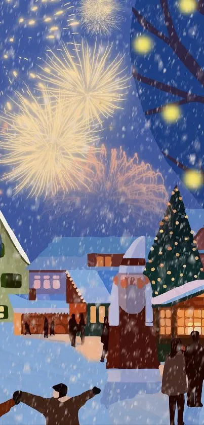 Festive winter village with fireworks and snowflakes in a cozy evening scene.