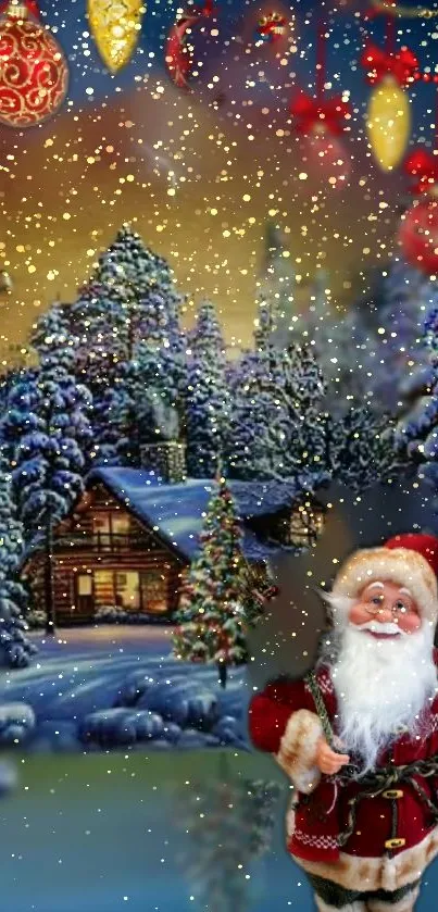 Santa Claus in a snowy cabin scene with festive Christmas lights.