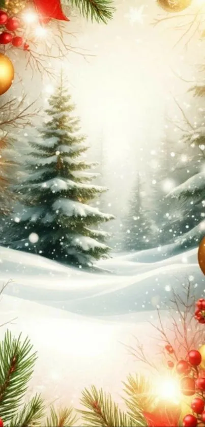 Festive snowy landscape with decorated trees.