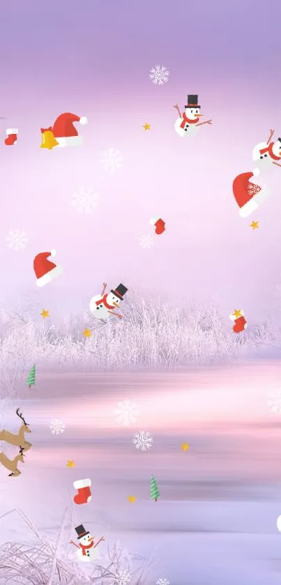 Festive winter wallpaper with snowmen, Santa hats, and a snowy landscape.