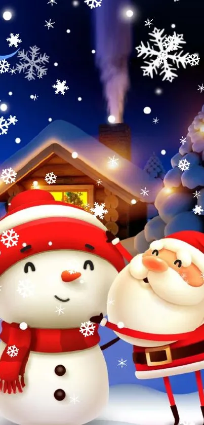 Snowy winter wallpaper with Santa and snowman.