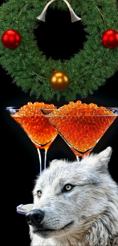 Wolf with Christmas wreath and festive cocktails.