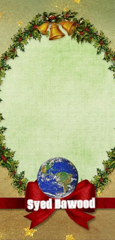 Festive holiday wreath wallpaper with green holly and red bow design.