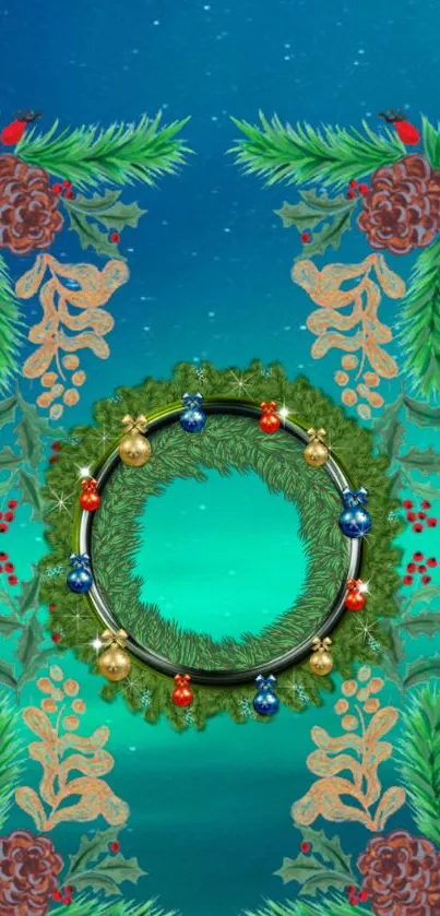 Bright festive wreath with holiday ornaments and greenery on teal background.