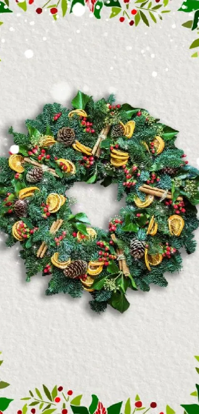 Festive wreath wallpaper with red and green accents on a white background.