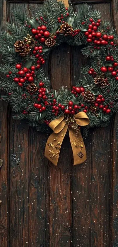 Festive wreath with red berries and pine cones on a wooden door.