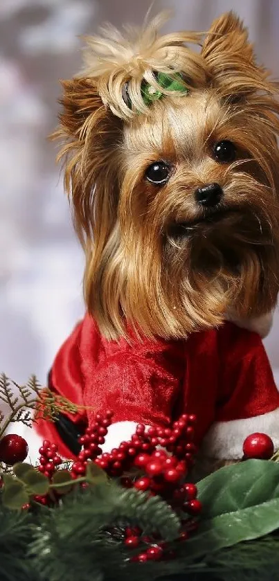 Yorkshire Terrier in red festive attire surrounded by holiday greenery.