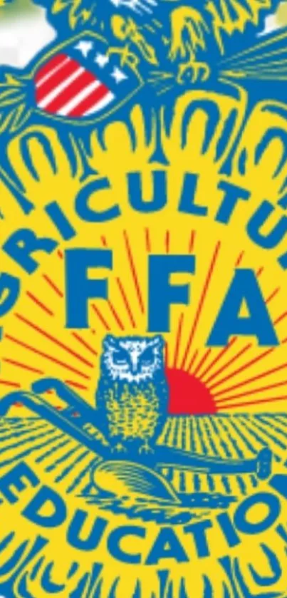 FFA emblem wallpaper in blue and yellow featuring agricultural themes.