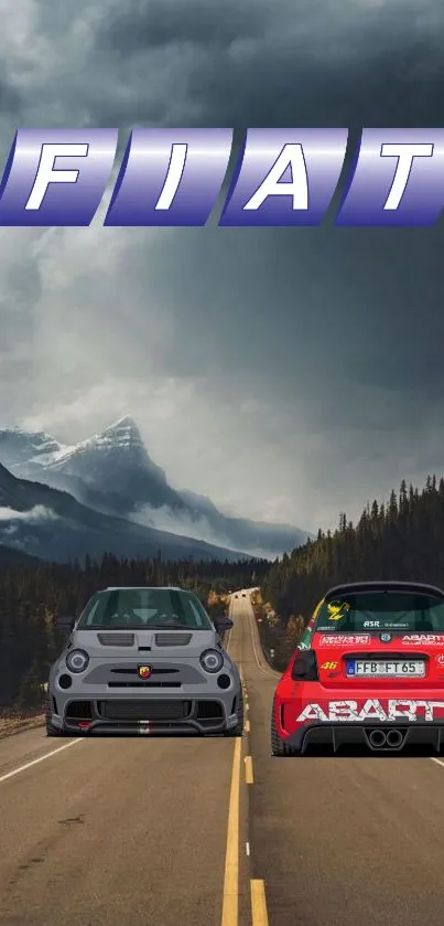 Two Fiat cars on a scenic mountain road with a cloudy sky backdrop.