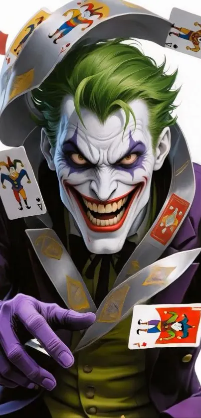 Joker with playing cards and vibrant colors in a dynamic composition.