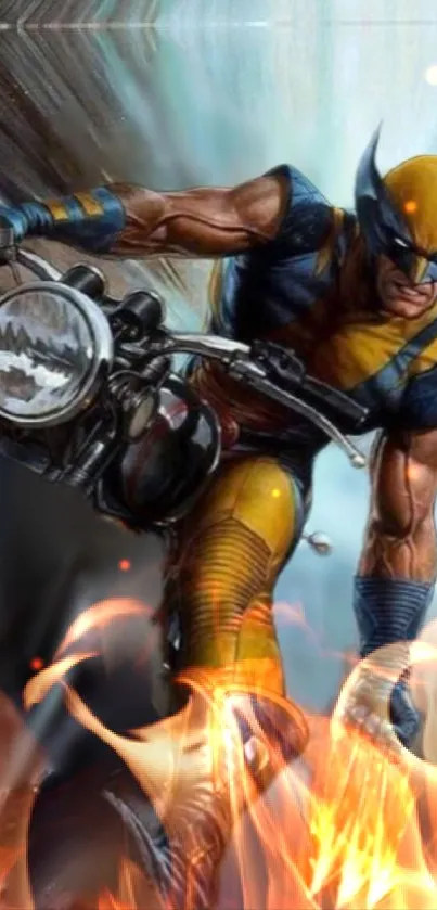 Superhero rides motorcycle through flames in vibrant, dynamic wallpaper.