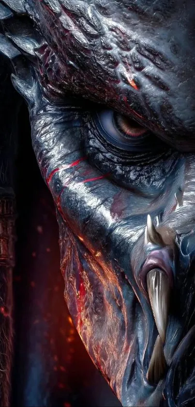 Close-up of alien predator face in dark tones.
