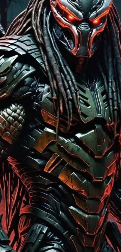 Intense alien warrior with dark armor and red glowing eyes.