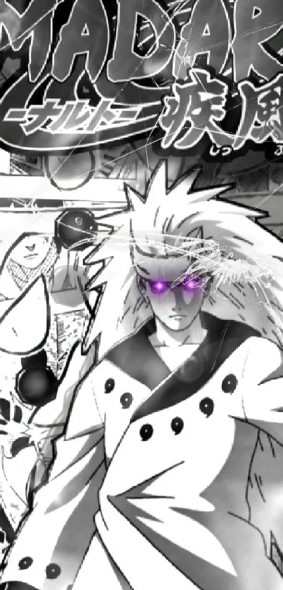 Intense anime character with purple eyes in black and white design.