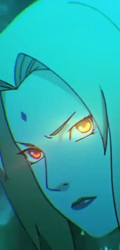 Anime character with glowing eyes in vibrant shades of teal and blue.