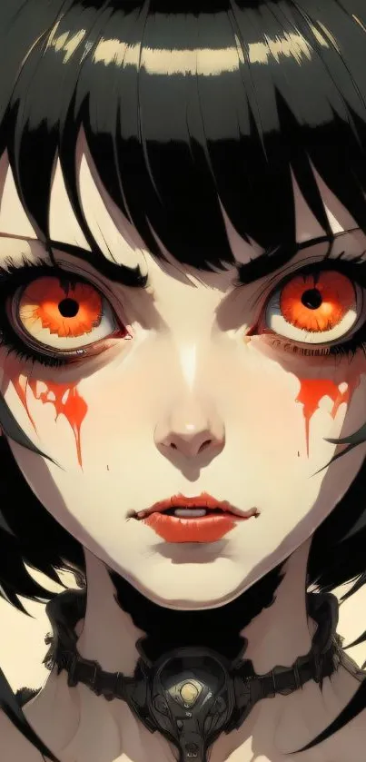 Anime demon girl with red eyes and horns, dark artistic illustration.