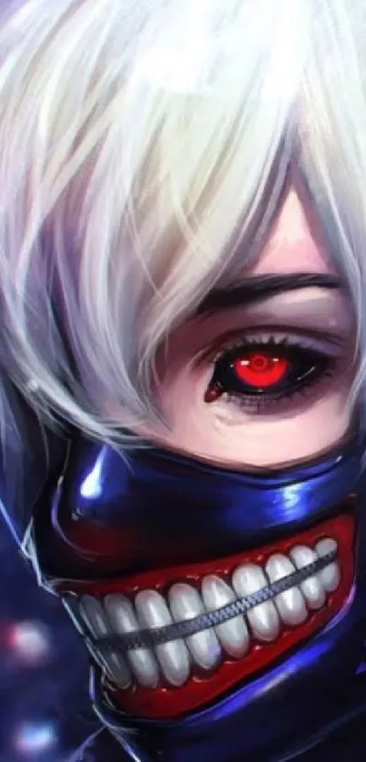 Anime character with white hair and a dark mask, vivid red eye.