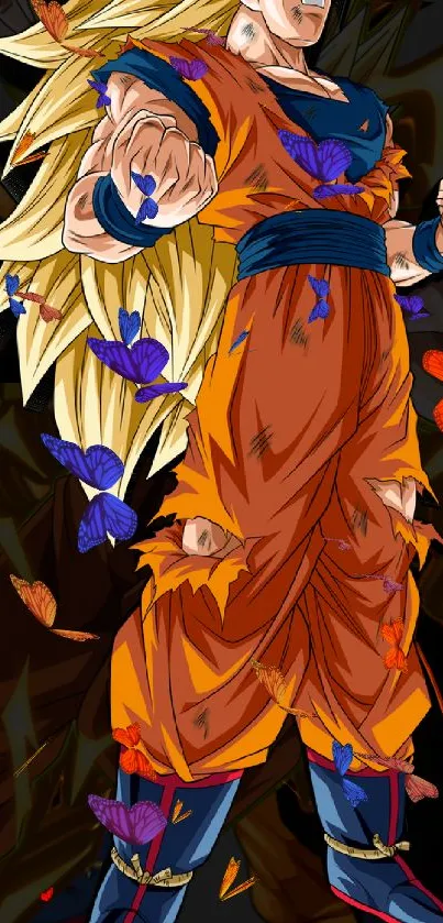 Anime warrior in orange outfit with vibrant butterflies.