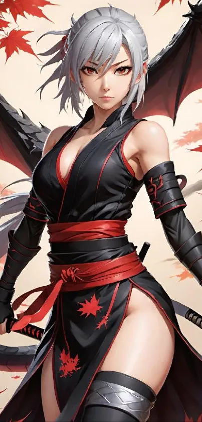Anime warrior with wings and autumn leaves backdrop.