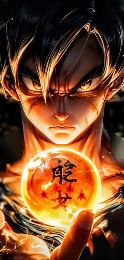 Anime warrior holding a glowing orb, intense and fiery design.