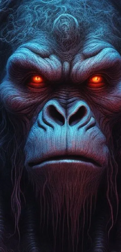 Fierce ape with glowing orange eyes on a dark blue background.