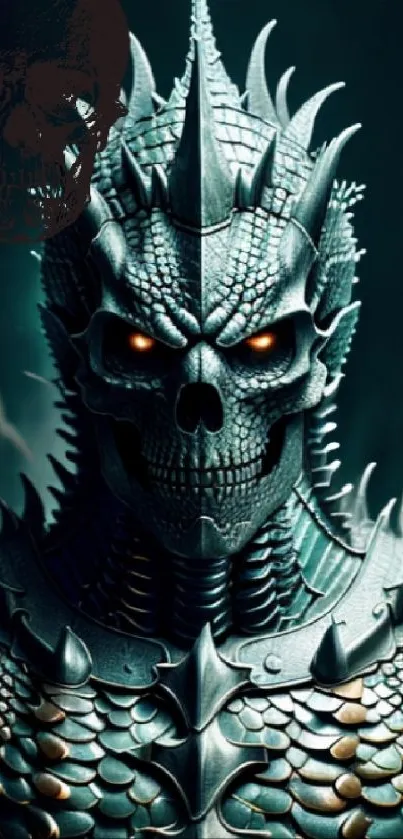 Armored dragon-skull warrior with glowing eyes and spiky armor in dark theme.