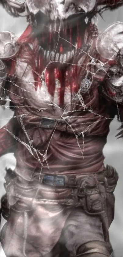 Armored warrior with gothic theme and red accents on mobile wallpaper.