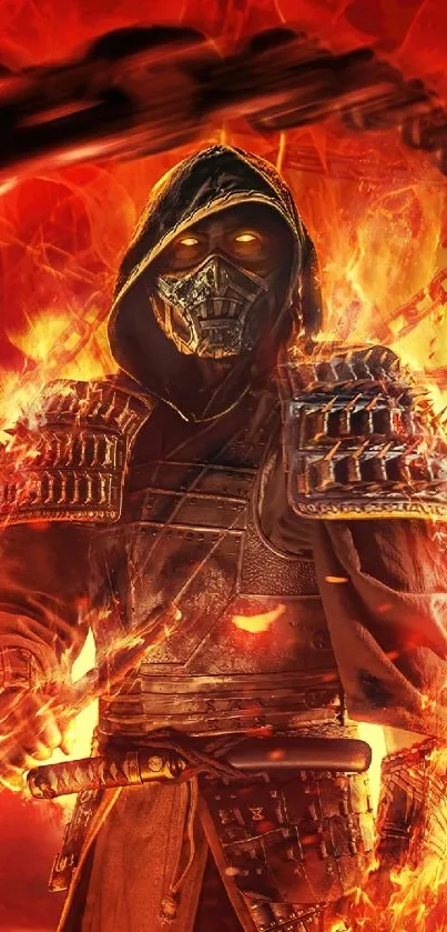 Hooded warrior amidst fiery flames in orange hues.