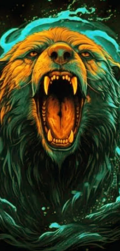 Fierce bear in vibrant aqua digital artwork on dark background.