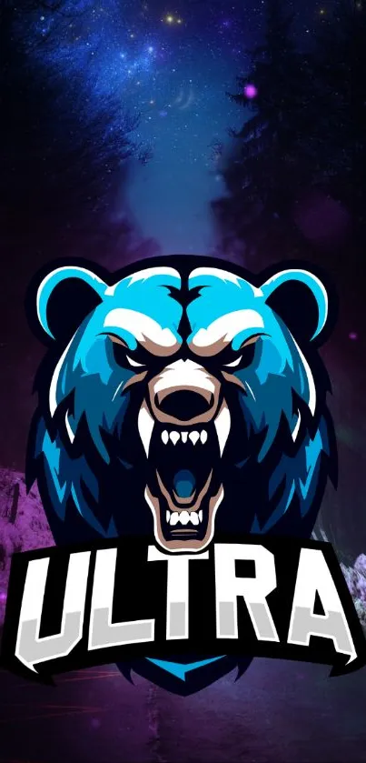 Fierce bear logo wallpaper with cosmic and forest themes.