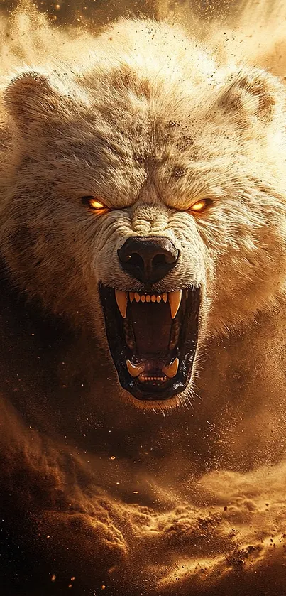 Fierce bear with glowing eyes emerging from dust storm.