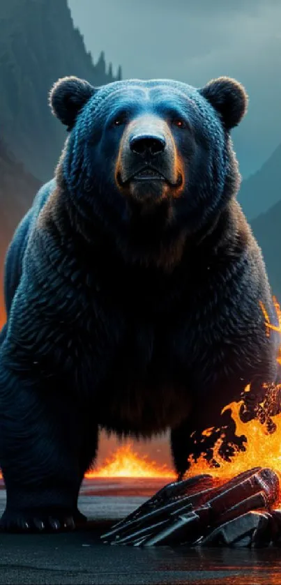 A bear standing amidst fiery lava on a mountainous landscape.