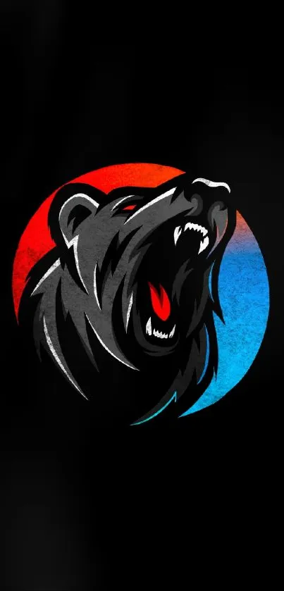 Roaring bear with red and blue circle background on black wallpaper.