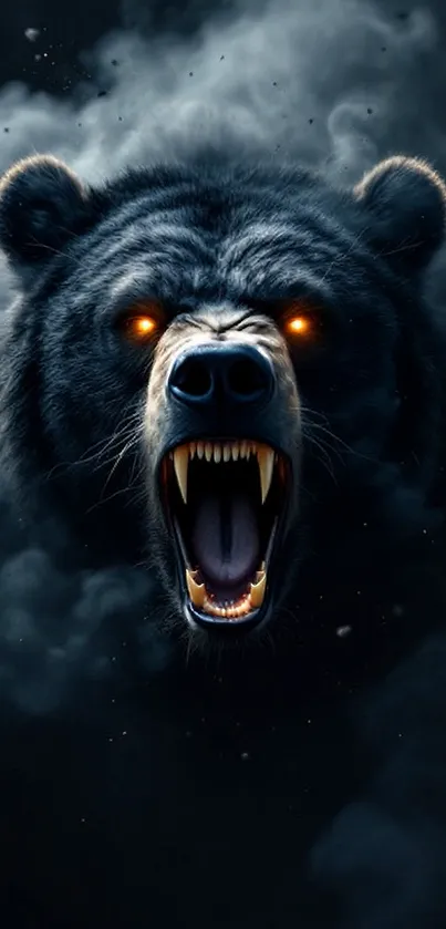 Roaring bear with glowing eyes on dark background.