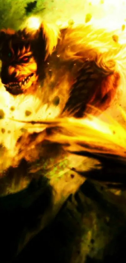 Fierce fantasy beast in fiery yellow hues.