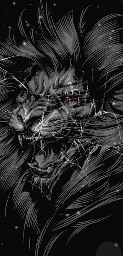 Black background with fierce lion art in grey and red for mobile wallpaper.